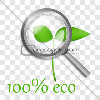 Green Sprout under Transparent Loupe. Vector logo design 100% EC