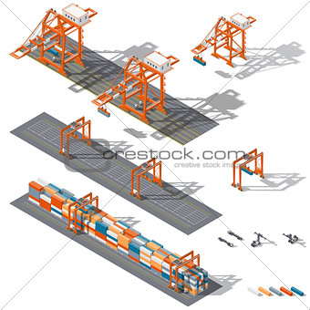 Sea container terminal. Ship-to-shore, and storage containers zone, which is represented the work rtg and sts cranes and related equipment, terminal tractors and container handler, isometric icon set