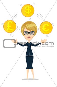businesswoman juggling with gold coins