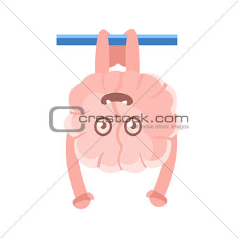 Humanized Brain Hanging On The Bar Upside Down, Intellect Human Organ Cartoon Character Emoji Icon