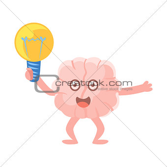 Humanized Brain Holding An Electric Bulb Excited Having An Idea, Intellect Human Organ Cartoon Character Emoji Icon