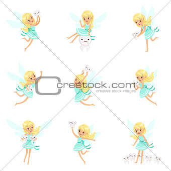 Tooth Fairy, Blond Little Girl In Blue Dress With Wings And Baby Teeth Set Of Cute Girly Cartoon Fantastic Fairy-Tale Creature