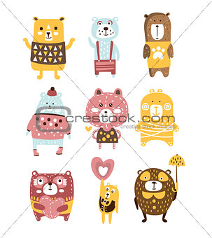 Cute Toy Bear Animals Set Of Childish Stylized Characters In Clothes In Creative Design