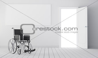 Wheelchair in room with open door