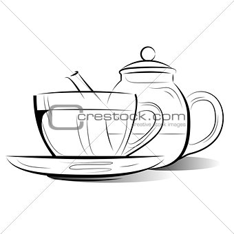 Drawing Teapot and cup of tea on a white background