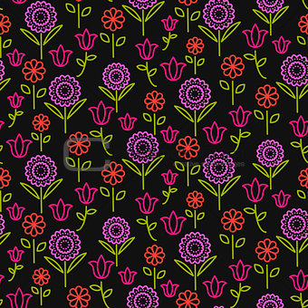 Seamless vector pattern with bright line flowers on black.
