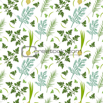 Herbs seamless pattern. Parsley, dill, razmarin endless background, texture. Vegetable backdrop. Vector illustration.