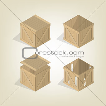 Realistic wooden box isometric, vector illustration.