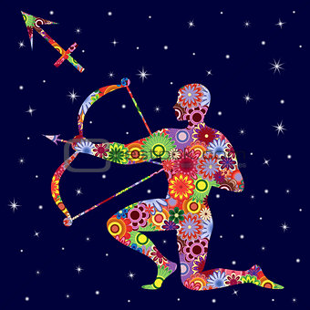 Zodiac sign Sagittarius with flowers fill over starry sky
