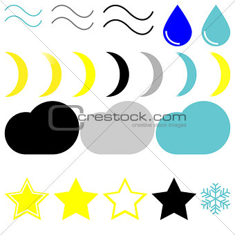 Symbol whether: wind, drop, moons, clouds, stars and snowflake.