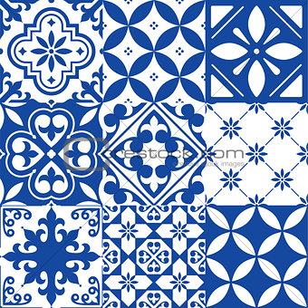 Spanish tiles, Moroccan tiles design, seamless navy blue pattern