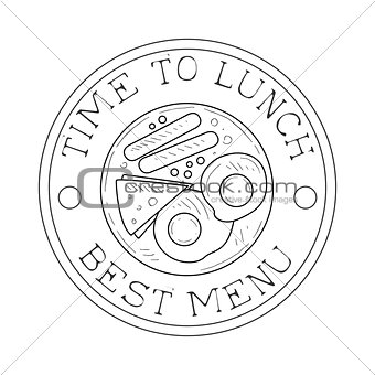 Round Frame Cafe Lunch Menu Promo Sign In Sketch Style With English Breakfast, Design Label Black And White Template