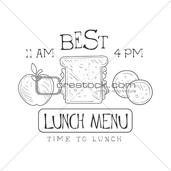 Cafe Lunch Menu Promo Sign In Sketch Style With Sandwich, Apple And Cookies, Design Label Black And White Template