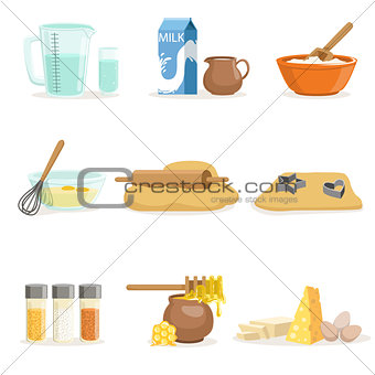 Baking Ingredients And Kitchen Tools And Utensils Set Of Realistic Cartoon Vector Illustrations With Cooking Related Objects