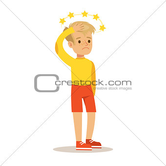 Sick Kid With Concussion And Stars Before Eyes Feeling Unwell Suffering From Injury Needing Healthcare Medical Help Cartoon Character