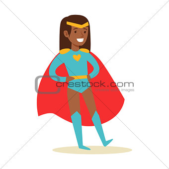 Girl Pretending To Have Super Powers Dressed In Blue Superhero Costume With Red Cape And Diadem Smiling Character