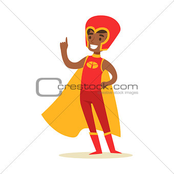 Boy Pretending To Have Super Powers Dressed In Red Superhero Costume With Yellow Cape And Helmet Smiling Character