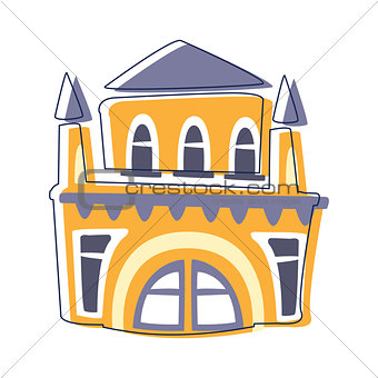Theatre Yellow Classy Building With Towers, Cute Fairy Tale City Landscape Element Outlined Cartoon Illustration