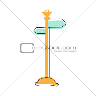 Direction Pointer Street Sign, Cute Fairy Tale City Landscape Element Outlined Cartoon Illustration