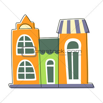 Three Small Houses Close To Each Other In Green And Orange Color, Cute Fairy Tale City Landscape Element Outlined Cartoon Illustration