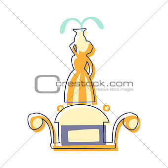 Park Fountain With Femalle Danaid Figure In Center, Cute Fairy Tale City Landscape Element Outlined Cartoon Illustration