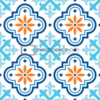 Spanish tile pattern, Moroccan tiles design, seamless blue and orange background