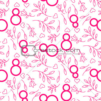 Line style pink on white floral March 8 seamless pattern.