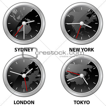 World time - clocks with city names and maps of their continent