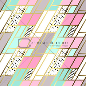 Vector abstract seamless patchwork pattern with geometric and floral ornaments, stylized flowers, dots and gold outline. Pastel blue lilac pink background.