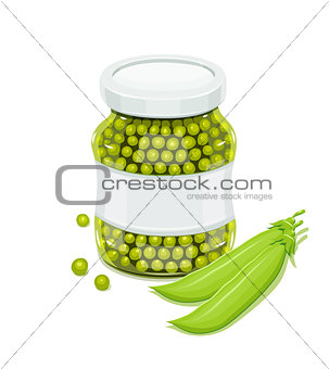 Glass jar with greeen peas and pods