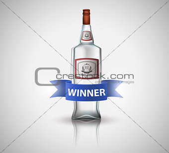 Bottle of vodka with blue ribbon, isolated on white. Poster or brochure template.