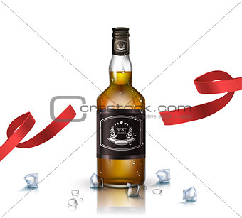 Bottle of brandy, bourbon, whiskey, cognac with red ribbon, isolated on white. Poster or brochure template.