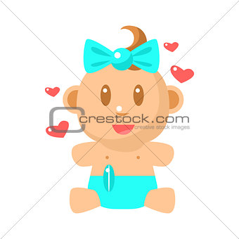 Small Happy Baby Girl Sitting In Blue Nappy With Hearts Around Vector Simple Illustrations With Cute Infant