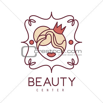 Natural Beauty Salon Hand Drawn Cartoon Outlined Sign Design Template With Woman Head In Crown In Floral Frame