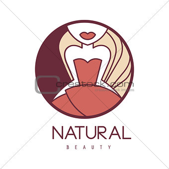 Natural Beauty Salon Hand Drawn Cartoon Outlined Sign Design Template With Girl In Red Dress Below Eyes In Round Frame