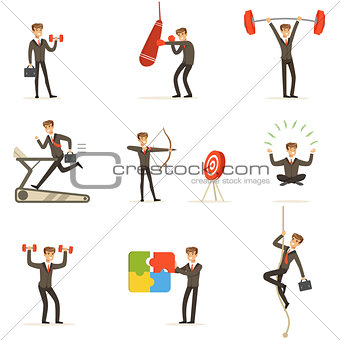 Businessman Working Out In Gym, Metaphor Of Business Preparation Training Set Of Illustrations