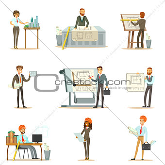 Architect Profession Set Of Vector Illustrations With Architects Designing Projects And Blueprints For Building Construction