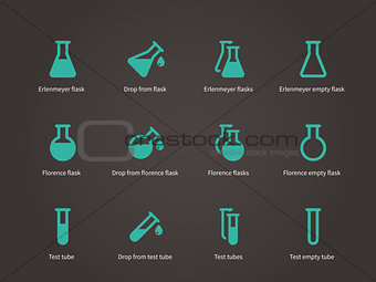 Erlenmeyer and florence flasks icons set.