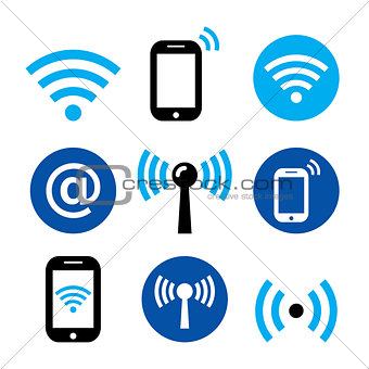 WiFi network, wireless internet zone, smartphone with WIFI icons set