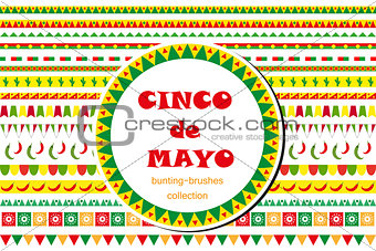 Cinco de Mayo celebration set of borders, ornaments, bunting. Flat style, isolated on white background. Vector illustration, clip art.