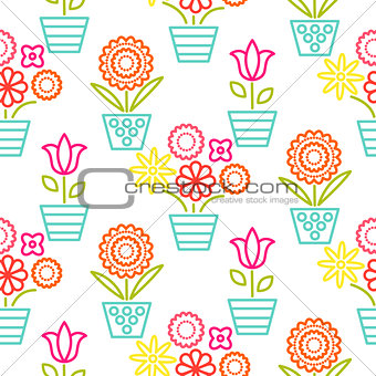 Colorful line flower pots seamless vector.
