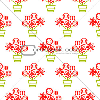 Outline red and green flowers in pots seamless pattern texture.