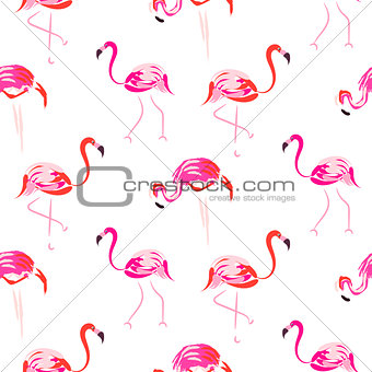 Hand drawn pink flamingo bird seamless pattern.