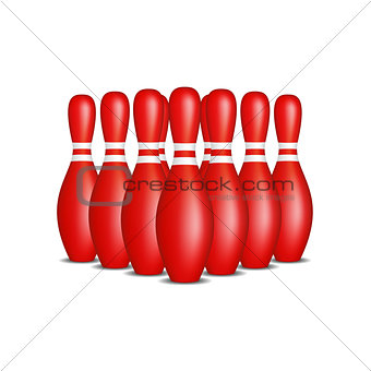 Bowling pins in red design with white stripes standing in formation