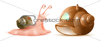 Cartoon snail looks at new shell of house. Buying property
