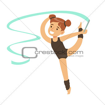 Little Girl Doing Gymnastics Exercise In Class With Ribbon Apparatus , Future Sports Professional
