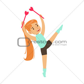 Little Girl Doing Gymnastics Exercise With Clubs Apparatus In Class, Future Sports Professional