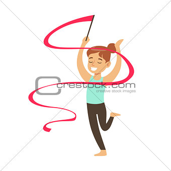 Little Girl Doing Rhythmic Gymnastics Exercise With Ribbon In Class, Future Sports Professional