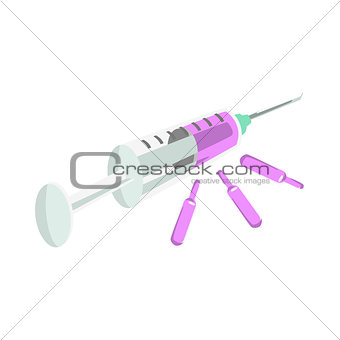 Syring With Purple Drug And Ampule, Part Of Doctor Of Medicine Equipment Set Isolated Object