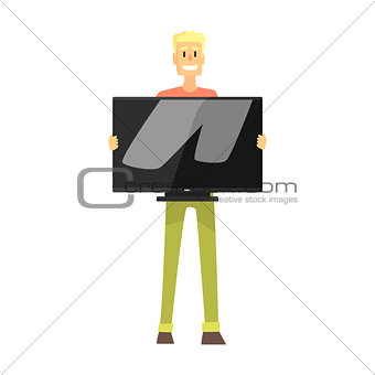 Man Holding Wide TV Screen, Department Store Shopping For Domestic Equipment And Electronic Objects For Home